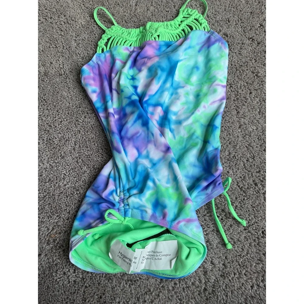 NWOT Justice Girls Tie Dye One Piece Swimsuit Blue Green Macrame UPF 50+ Size 10